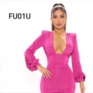 Fashion Nova Vibrant Pink Long Sleeve Dress